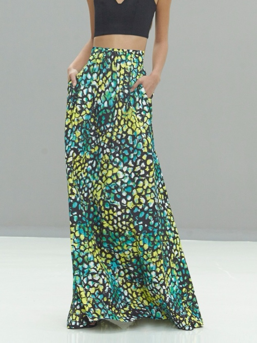 🫧Alexis - 44" Long Maxi Skirt with Black Teal & Yellow Abstract Spots Size S